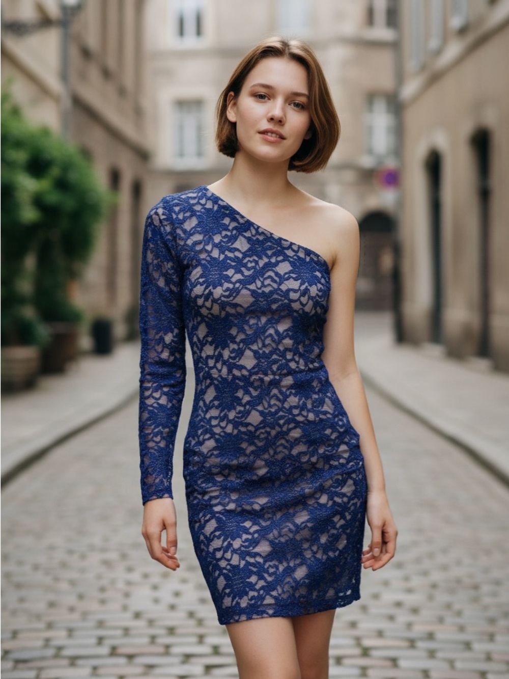 Honey & Rosie Navy Lace One Shoulder Cocktail Mini Dress
